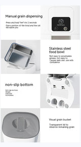 Convenient 6L Automatic Pet Feeder with stainless steel bowl and transparent grain bucket for your feline friend's needs.