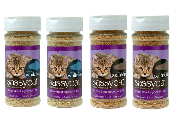 Herbsmith Sassy Cat Kibble Seasoning – Freeze Dried Whitefish – Cat Food Topper for Picky Eaters [Bundle of 4 x2 Whitefish & x2 Salmon]
