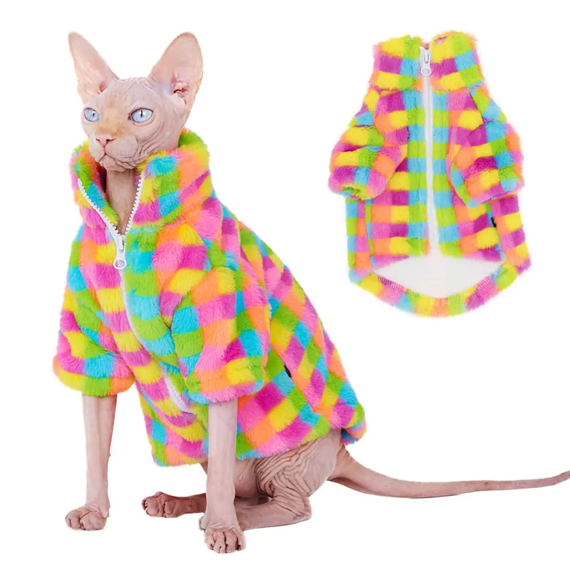 Cat Winter Fleece Jacket with Zipper Warm Rainbow Fleece Hoodie Fall and Winter Sphynx Cats Chihuahua Yorkie Puppy Two-Legged Easy to Wear Cat Coat with Zipper (M (3-5.5lbs))