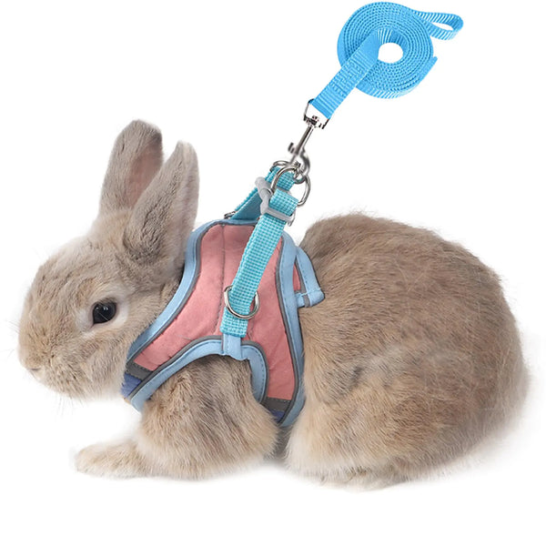 Adjustable Bunny Harness and Leash Set Double Buckle with Reflective Strips Rabbit Vest Pets Stuff Suitable for Rabbit Walks Accessories (Powder Blue S)