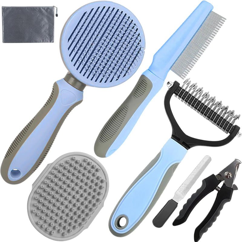 KUEIOX Dog Brush for Shedding 7 PCS Pet Grooming Kit including Dog Grooming Brush Deshedding Tool Dematting Comb Nail Clipper Bath Brush for Long & Short Haired Dogs Cats - Blue