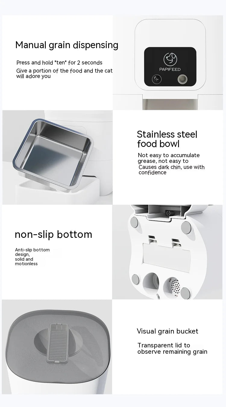 Convenient 6L Automatic Pet Feeder with stainless steel bowl and transparent grain bucket for your feline friend's needs.